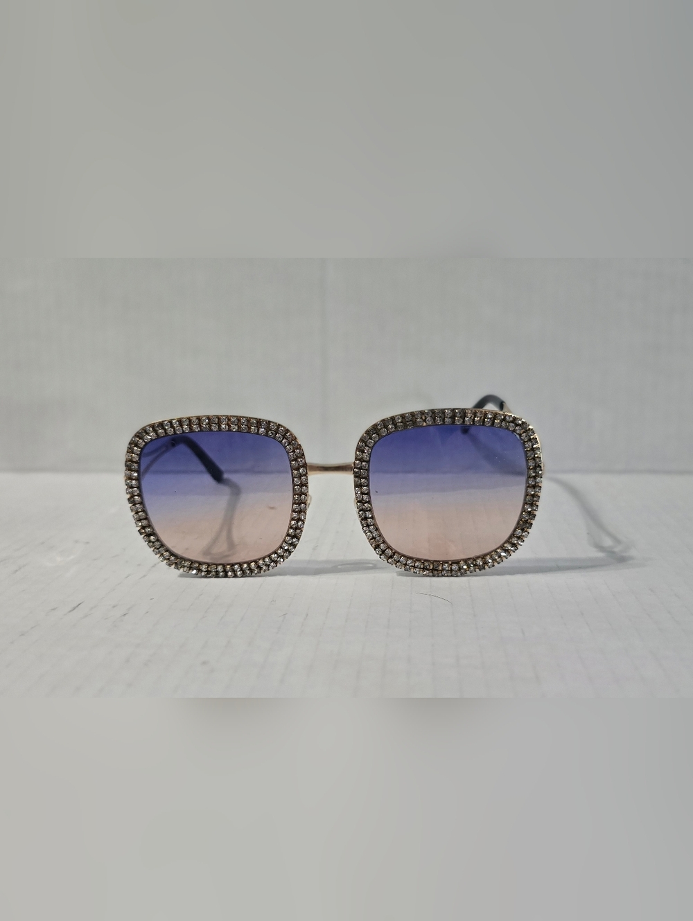 Clear Rhinestones Gems Rimmed Sunglasses Blue-Violet Pink Lens Gold Tone Metal